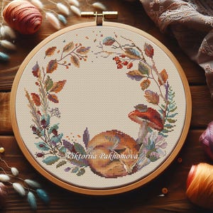 Fall wreath with fox cross stitch pattern pdf Colorful woodland animal embroidery Autumn leaf mushroom pillowcase tapestry nursery decor