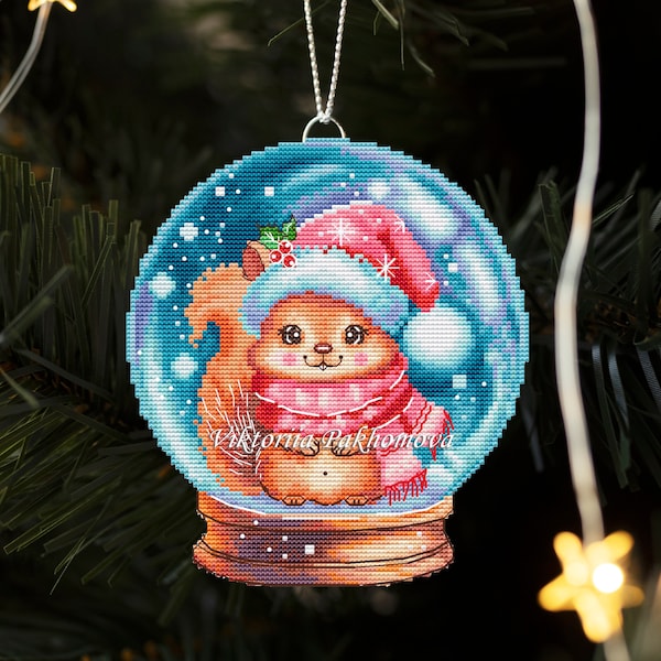 Snow globe squirrel cross stitch pattern pdf Adorable woodland animal nursery stitchery Whimsical needlework DIY gift Winter ornament decor