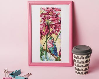 Bird of Paradise Cross Stitch Pattern: Hummingbird Colorful Floral Bookmark Embroidery, digital download PDF