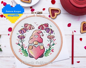 Heart gnome cross stitch pattern pdf Funny spring dwarf diy embroidery ornament Small tapestry adorable leprechaun beginner needlepoint