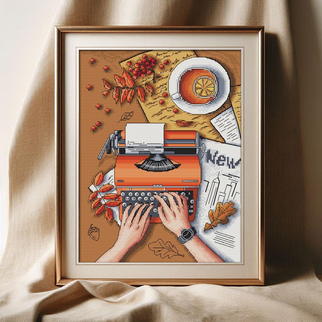 Autumn Typewriter Cross Stitch Pattern, Coffee Cup, Oak Leaf and Female ...
