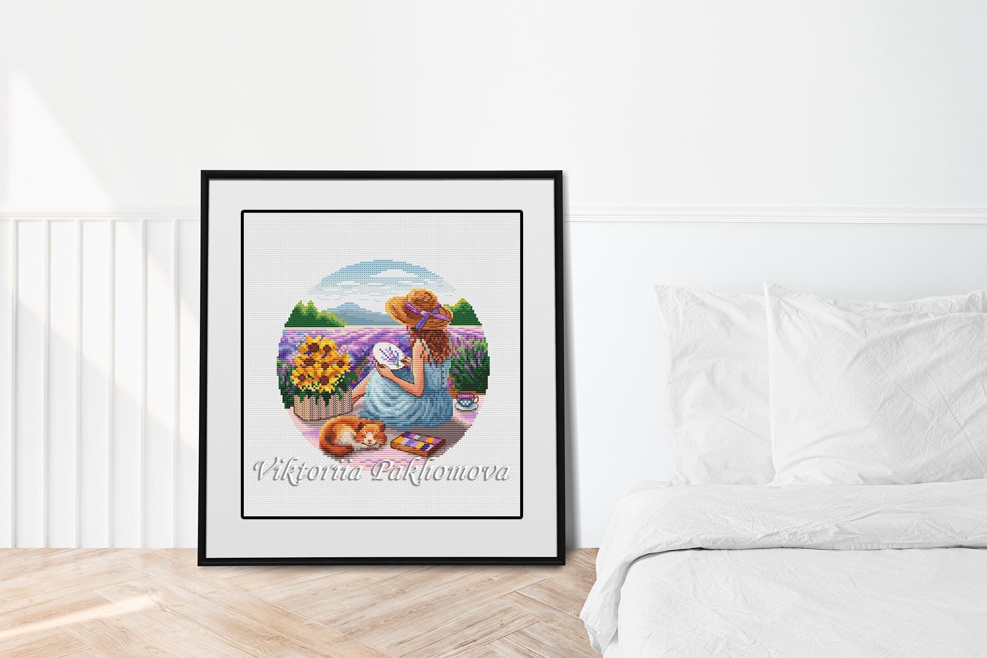 Lavender Fields Cross Stitch Pattern: Girl With Cat (PDF Download