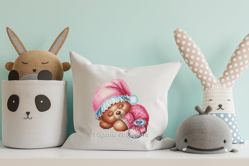 Sleeping Bear Cross Stitch Pattern Pdf Kawaii Animal Girl Kids Pink