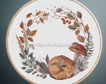 Fox Fall Wreath Cross Stitch Pattern: Woodland animal, mushrooms and autumn leaves (PDF digital download)