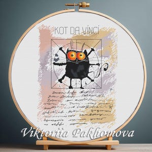 Padrão de ponto cruz de gato Da Vinci em PDF Bordado engraçado de animais pretos Tapeçaria pictórica Decoração de fronha Download digital Decoração de berçário Arte
