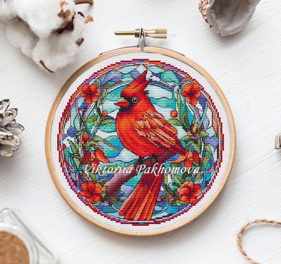 Stained Glass Cardinal Cross Stitch Pattern Pdf Winter Bird.