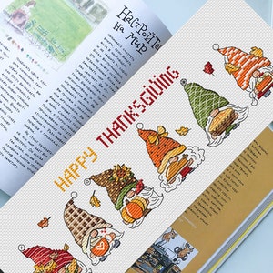 Thanksgiving gnome bookmark cross stitch pattern pdf Pictorial fairy mini funny tapestry Fall dwarf kawaii embroidery digital download