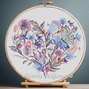 Cornflower heart modern cross stitch pattern pdf Blue floral colorful dragonfly embroidery Purple velvet plant butterfly summer tapestry