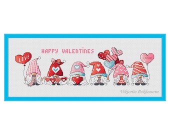 May include: A cross-stitch design featuring seven Valentine's Day gnomes. Each gnome wears a hat and holds a heart-shaped balloon. The words "Happy Valentines" are above the gnomes. The design is framed in a blue border.