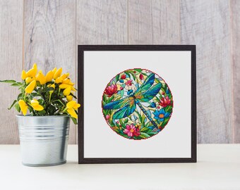 ステンドグラス風トンボのクロスステッチパターン：カラフルな昆虫と花
