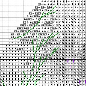 May include: A cross-stitch pattern chart with a detailed design. The chart features a grid of squares filled with various symbols, including letters, numbers, and shapes. Green lines outline a floral design. The color palette includes black, white, and shades of gray.