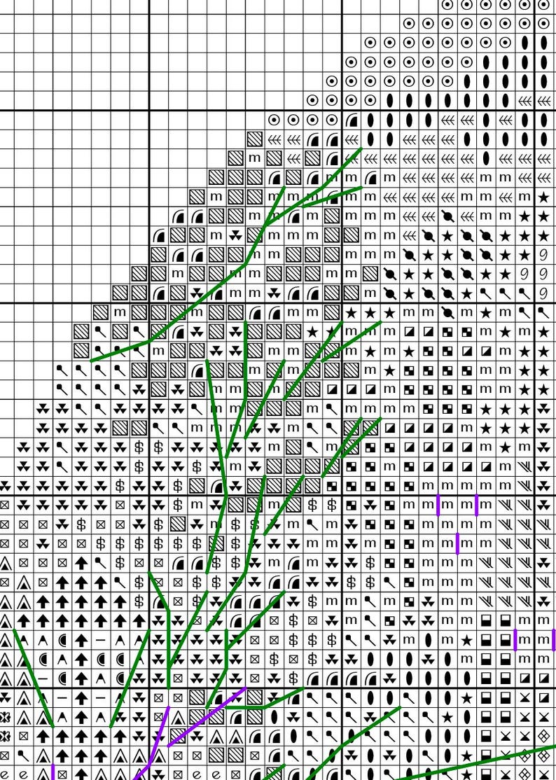 May include: A cross-stitch pattern chart with a detailed design. The chart features a grid of squares filled with various symbols, including letters, numbers, and shapes. Green lines outline a floral design. The color palette includes black, white, and shades of gray.