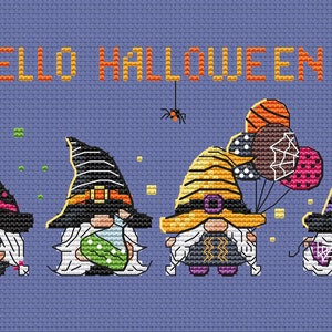 Halloween gnome bookmark cross stitch pattern pdf Pictorial witch fairy funny tapestry Mini dwarf fall embroidery digital download