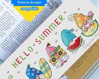 May include: Cross-stitch bookmark with the text "HELLO SUMMER" and illustrations of gnomes with summer-themed accessories. The gnomes are depicted with watermelon slices, surfboards, and flamingo floats.