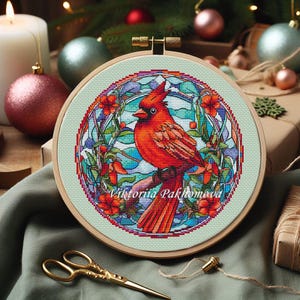 Glasmalerei Kardinal Kreuzstich Stickmuster Pdf Winter Vogel Bild Stickerei Weihnachten Vintage Gobelin digitaler Download Made in der Ukraine