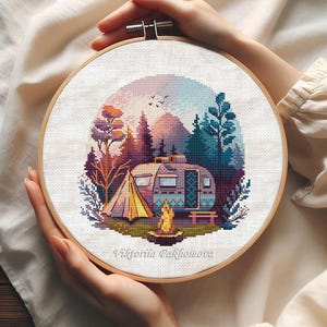 Camping cross stitch pattern pdf Summer landscape diy craft for adults Made in Ukraine pictorial mountain tapestry digital download