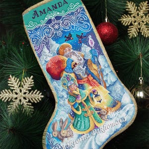 Customized Christmas stocking cross stitch pattern pdf DIY personalized needlepoint stocking for girl Winter santa sock embroidery design