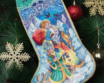 Customized Christmas stocking cross stitch pattern pdf DIY personalized needlepoint stocking for girl Winter santa sock embroidery design