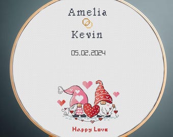 Custom Wedding Gnome Cross Stitch Pattern PDF, Personalized Romantic Couple Keepsake Gift, Digital Download