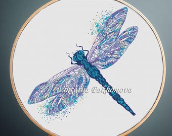 Kruissteekpatroon korenbloemlibel: blauw borduursel insecten (pdf)