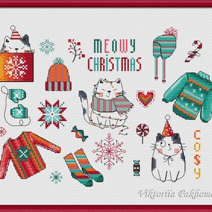 クリスマス猫ミニバンドルクロスステッチパターンpdf冬の子猫の絵刺繍面白いペット動物タペストリーホリデーステッチDIYギフト