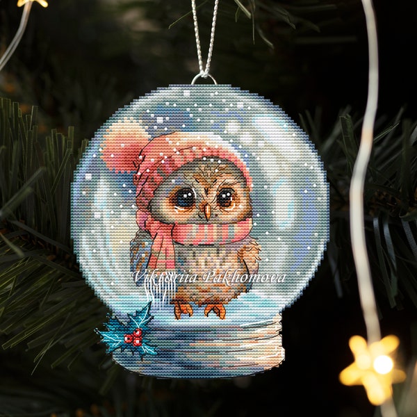 Snow globe owl cross stitch pattern pdf Cute funny winter bird adorable embroidery Whimsical stitching baby nursery DIY needlepoint digital