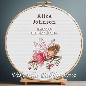 春の妖精のクロスステッチパターン：赤ちゃん誕生のお知らせカスタムデザイン、デジタルダウンロード（PDF）