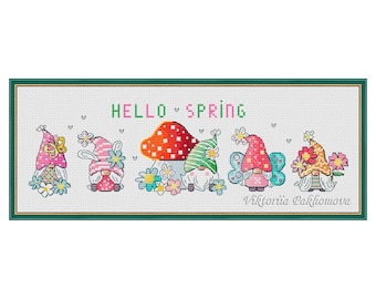 Spring gnome mini bundle cross stitch pattern, Whimsical nordic needlepoint (PDF)