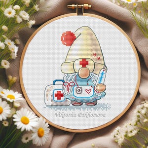Nurse gnome cross stitch pattern pdf Whimsical doctor kids funny tapestry diy Medical dwarf kawaii mini embroidery digital download