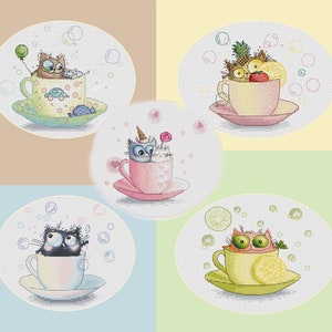 面白い猫のクロスステッチパターンPDFロマンチックな刺繍セット黒と白の猫のペットのタペストリーカップの動物キッチンアート