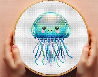 Whimsical baby jellyfish cross stitch pattern pdf Baby nursery decor DIY Colorful sealife embroidery for kids Digital download