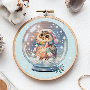 Snow globe owl cross stitch pattern pdf Cute funny winter bird pictorial glass ball embroidery Christmas ornamnet decoration diy tapestry
