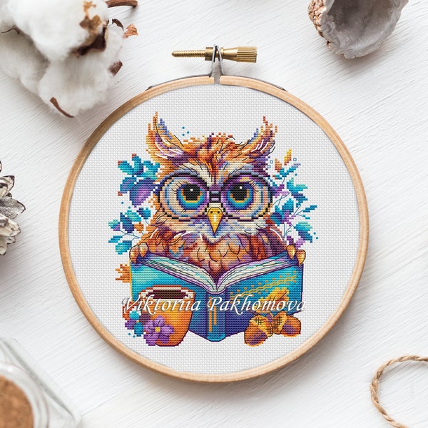 Autumn owl with book and coffee cross stitch pattern pdf Cute funny fall bird pictorial embroidery Leaf acorn tapestry digital download