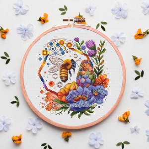 Spring bee cross stitch pattern pdf Colorful pink violet peony embroidery Summer insect garden blooms stitching Honey combs diy needlepoint