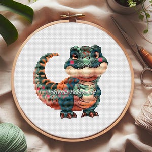 Baby T-rex kruissteekpatroon pdf kleurrijke Jurassic dinosaurus kinderborduurwerk mini kinderkamer inrichting schattig nieuw meisje jongen babyshower tapijt