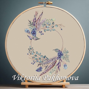 Wedding boho wreath cross stitch pattern pdf Bridal shower gift Blue flower herbal embroidery Personalized keepsake name & date commemorate