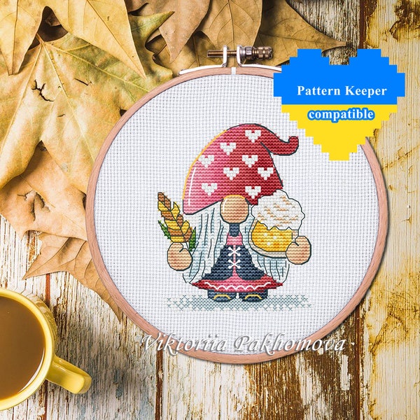 October fest gnome cross stitch pattern pdf Pictorial fall leprechaun germany tapestry Beer brewer fairy kitchen embroidery digital download