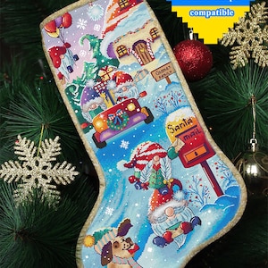 Christmas stocking cross stitch pattern PDF, funny gnome winter embroidery, colorful Santa sock xmas decoration, kid needlepoint decoration