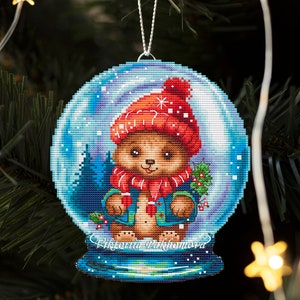 Snow globe bear cross stitch pattern pdf Cute funny winter woodland animal pictorial embroidery Christmas nursery tapestry digital download