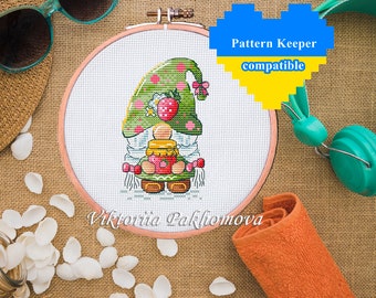 Strawberry jam gnome cross stitch pattern pdf Nordic leprechaun funny tapestry diy Summer fairy kawaii embroidery Dwarf beginner needlepoint
