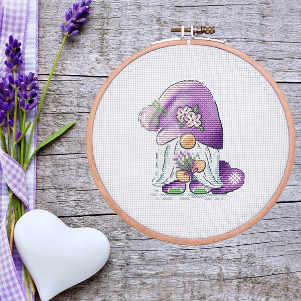 Lavender gnome cross stitch pattern pdf Nordic leprechaun funny tapestry diy Small fairy kawaii embroidery Sewing dwarf beginner needlepoint