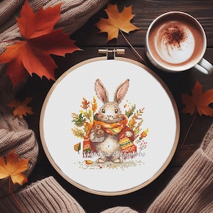 Herbst Kaninchen Kreuzstich Stickmuster pdf Bunter Kürbis Herbst Pilz Wandbild Ahornblatt Waldtier Stickerei digitaler download