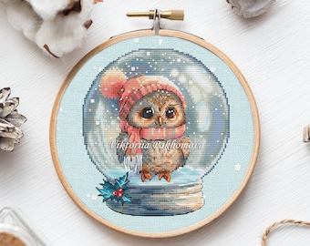 Winter Owl Snow Globe Cross Stitch pattern PDF Funny bird art Christmas nursery decor Whimsical glass ball embroidery for kids room