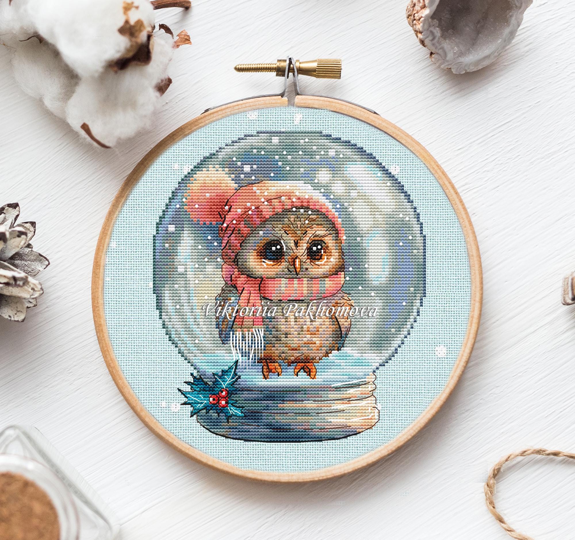 Snow Globe Owl Cross Stitch Pattern: Winter bird in glass ball christmas embroidery (PDF)