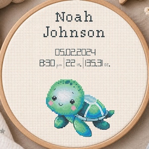 May include: A circular wooden embroidery hoop containing a cross-stitch design on cream fabric. It features the text Noah Johnson, the date 05.02.2024, 8:30 pm, 22 in., and 135.3 oz. Below is a green and blue turtle with pink cheeks.