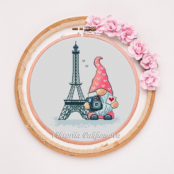 Paris gnome cross stitch pattern pdf Travel nordic leprechaun funny tapestry diy Small fairy embroidery Mini dwarf digital download