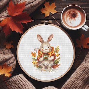 Herbst Kaninchen Kreuzstich Stickmuster pdf Bunter Kürbis Herbst Pilz Wandbild Ahornblatt Waldtier Stickerei digitaler download