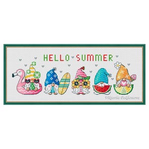 May include: Cross-stitch design featuring five summer gnomes with sunglasses, each with a unique hat and accessory. The gnomes are arranged in a row, with a flamingo float, surfboard, and watermelon slice. The text "HELLO SUMMER" is above them.
