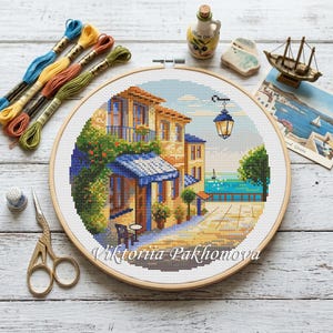 Cyprus Mediterranean Landscape Cross Stitch Pattern, Coastal Sea Marine Embroidery (PDF)