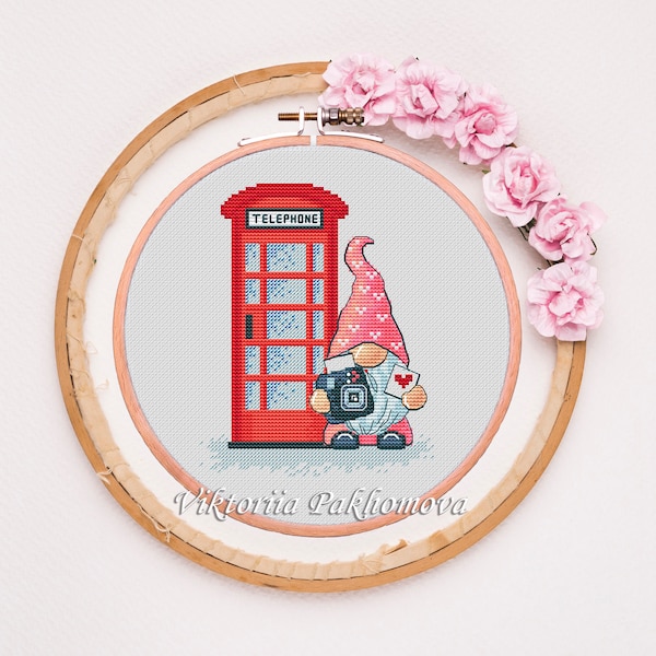 London gnome cross stitch pattern pdf Travel nordic leprechaun funny tapestry Red telephone booth pictorial embroidery digital download